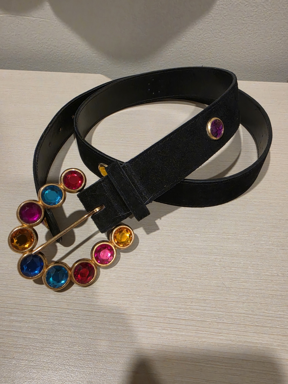 VTG 80s A. BROD Black Suede Belt Jeweled Oval Buckle Gemstone Studs Size 3